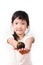 Young asian girl hold mangosteen