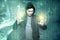 Young asian hacker in black hoodie touching virtual screen with binary code