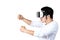 Young asian man in casual outfit holding or wearing VR glasses goggles playing car racing video game, shocked and amazed on white