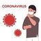Young asian man face in respiratory protective mask and coronavirus cell disease. Coronavirus flu. Dangerous cases of