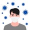 Young asian man face in respiratory protective mask and coronavirus cell disease. Coronavirus flu. Dangerous cases of flu. Medical