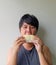 Young Asian man holding eat durian. very happy. Fruits with smell are popular in Thailand. selected focus