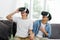 Young asian men, gay couple playing VR with happiness at home living room, Asia boys wearing VR glasses to play virtual simulator,