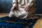 Young Asian muslim man pray on the prayer rug at home on Ramadan Kareem