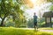 Young asian runner woman running in the park in sportswear morning time, Exercise and healthy concept, Selective focus