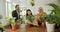 Young Asian saleswoman is serves the customers, packs the plant. In a bright indoor garden, a young Asian woman