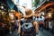 Young Asian traveling backpacker in Khaosan Road outdoor market in Bangkok, Thailand