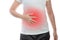 Young Asian woman with abdominal pain at white background, Women getting a stomach ache, health problem discomfort diarrhea