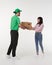 Young asian woman hand accepting a delivery of boxes from deliveryman isolated on white background