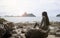 Young asian woman sitting on a rock near the sea,looked to the sea,chill out of summer,rest time,light and flare effect added