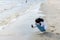 A young Asian woman in a white shirt is sitting on the beach with soft waves on a clear day