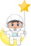 Young astronaut sitting on the crescent moon and holding the star
