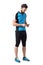 Young athlete in cycling jersey and leggings holding and looking at mobile phone