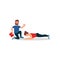 Young athlete girl doing plank exercise under control of personal trainer. Coach holding stopwatch and folder. Flat