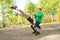 Young athletic couple practicing balance workout. Balancing in pair