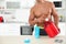 Young athletic man preparing protein shake. Space for text
