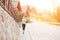 Young athletic woman jogging in mountain resort