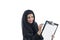 Young attractive arabic business woman showing clipboard