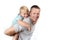 Young attractive and athletic father carrying on his back young beautiful and blond son having fun together posing isolated on whi