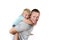 Young attractive and athletic father carrying on his back young beautiful and blond son having fun together posing isolated on whi