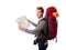 Young attractive backpacker tourist looking map carrying big backpack lugagge