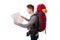 Young attractive backpacker tourist looking map carrying big backpack lugagge
