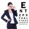 Young attractive business woman in eyeglasses and eye test chart