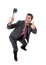 Young attractive businessman in suit and tie taking selfie photo with mobile phone camera and stick posing happy