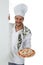 Young attractive chef male, pizza