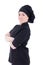 Young attractive cook woman in black uniform isolated on white