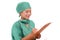 Young attractive and efficient Asian Chinese medicine doctor woman or hospital nurse in protective face mask and green gown during