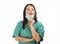 Young attractive and efficient Asian Chinese medicine doctor woman or hospital nurse in protective face mask and green gown during