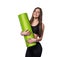 Young attractive fitness woman ready for workout holding green yoga mat isolated on white background.