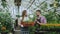 Young attractive florists couple in apron working in greenhouse. Cheerful woman walking with box of flowers and talks