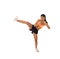 Young attractive and furious latin sport woman in fight and kick boxing training workout throwing aggressive kick attack