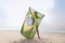 Young attractive girl on beach with Brazil flag