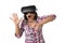 Young attractive happy woman excited using 3d goggles watching 360 virtual reality vision enjoying