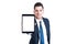 Young attractive salesman holding digital tablet with blank screen