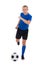 Young attractive soccer player in blue kicking ball isolated on