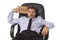 Young attractive tired and wasted businessman sitting on office chair asking for help in stress