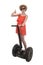 Young attractive tourist woman in chic summer dress smiling happy riding electrical segway