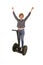 Young attractive tourist woman with red hair wearing jeans smiling happy riding electrical segway