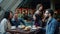 Young attractive waitress in apron bringing pastry to group of friends in cafe