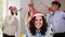 Young attractive woman blowing golden confetti from hands wearing christmas hat while her co-workers partying in the