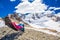 Young attractive woman enjoying the view of Morteratsch glacier