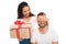 young attractive woman surprising her boyfriend by gifts,