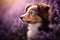 Young Australian Shepherd dog sitting in purple heather flower field