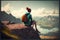 Young backpacker sitting on peak mountain rock edge background.