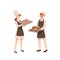 Young bakers flat vector illustration. Pastry cooks with sweet-stuff, male and female confectioners with bakery