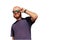 Young bald adult with ginger beard and black reflective sunglasses laughing and enjoying him self cut out on white background